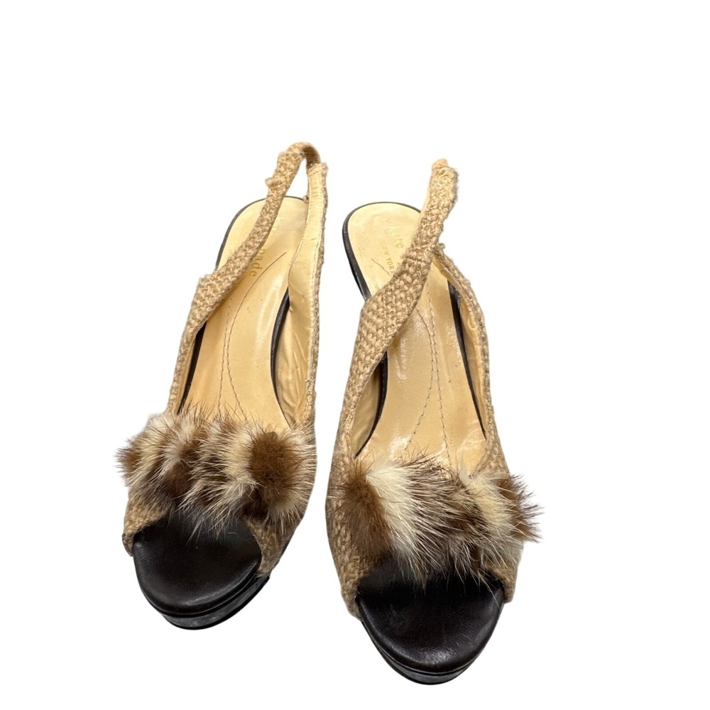 Kate Spade New York Burlap Faux Fur Slingback Block Heels Brown Tan Size 5.5